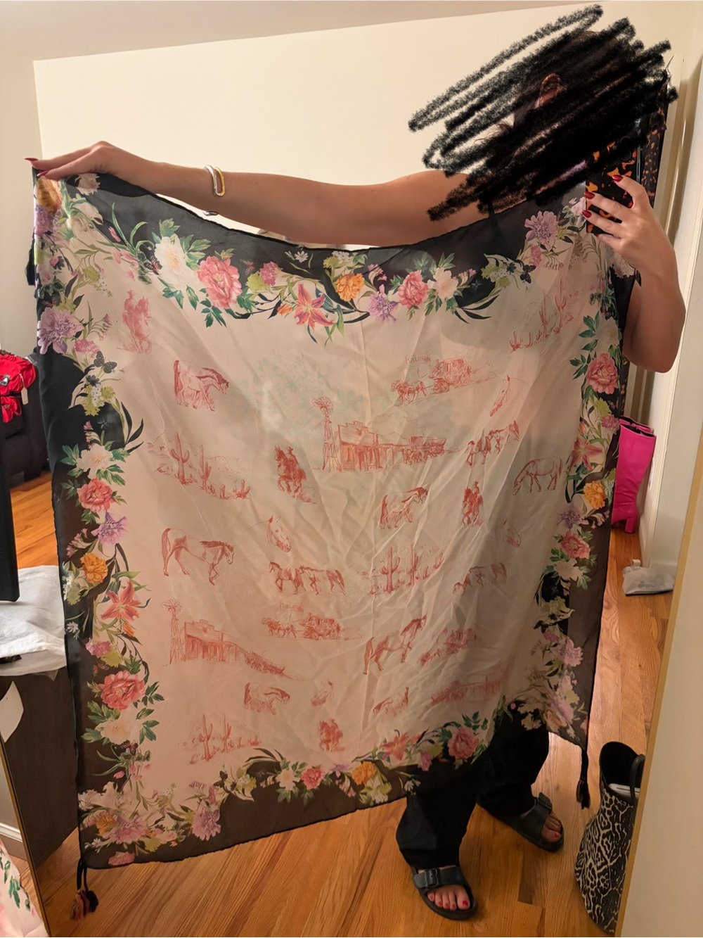 Johnny Was Floral Border Black & Cream Women's Scarf NWT
